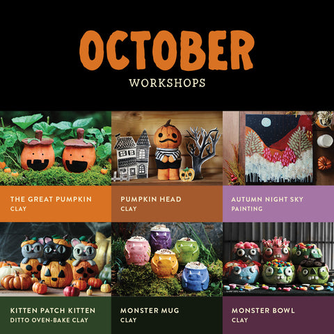 October Adult & Family | Self-Paced Workshops {special member pricing for $6/hr self-paced workshops and $5/hr for glazing}